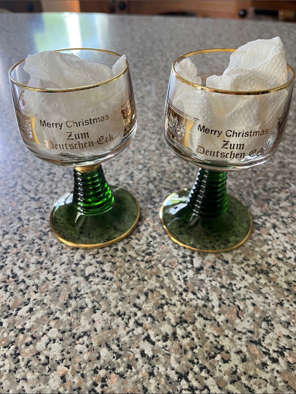 Merry Christmas Zum Deutschen Eck Green Stem Glasses with Gold Trim